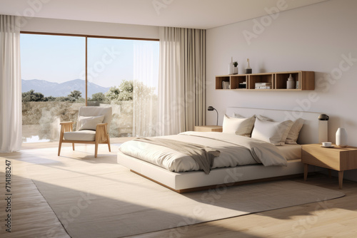 Minimal bedroom interior design in mocha and white color with modern bed and decoration © LFK