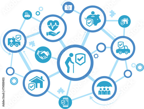 Insurance coverage. Blue concept with icons related to safety and protection, security, insured risks and liability. Health care, risk, help service. Car accident, travel insurance, flight protection.