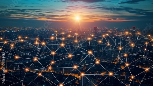 Fotografia Global Connectivity: Network Hubs Illuminated at Dusk