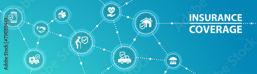 Insurance coverage. Blue concept with icons related to safety and protection, security, insured risks and liability. Health care, risk, help service. Car accident, travel insurance, flight protection.