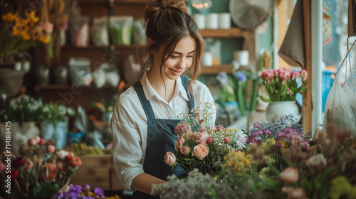 Female florist making flower bouquet in shop.