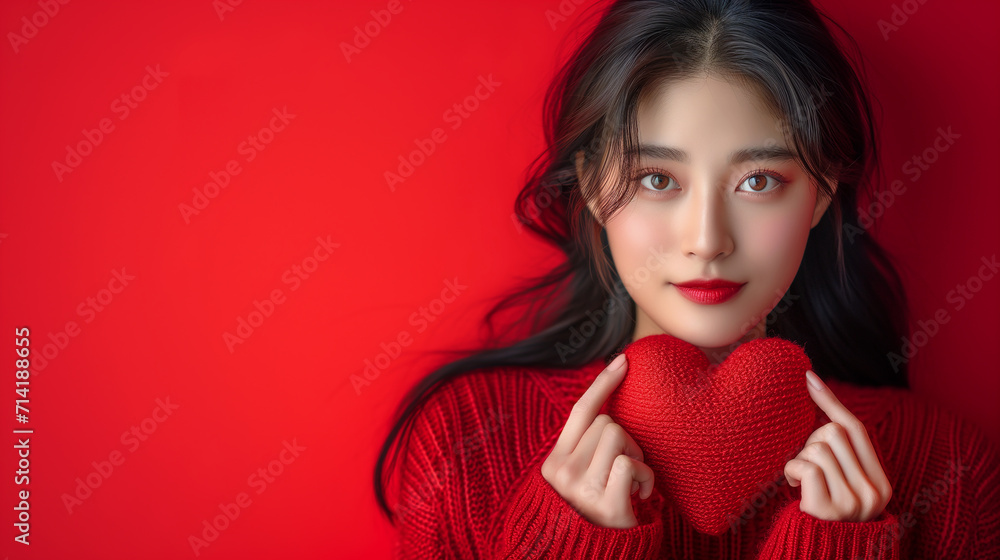 Young asian woman in red holding red heart on red background with copy space for text.  - obrazy, fototapety, plakaty 