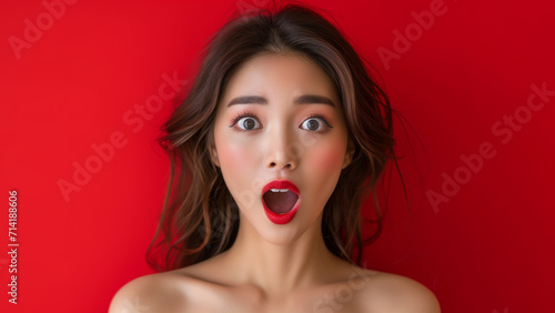 Young asian woman with surprised face and open mouth on red background.