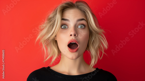 Young blond woman with surprised face and open mouth on red background.
