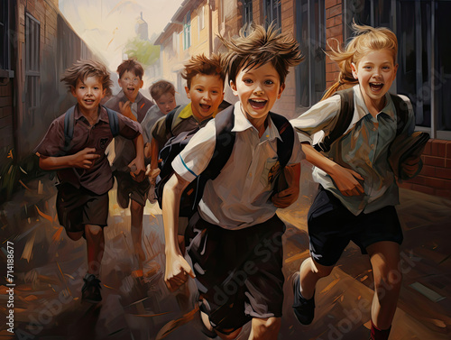 Painting of Group of Children Running Down a Street