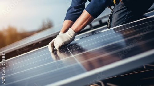 Closeup of a Male Technician Installing Solar Panels on a Modern House AI Generated