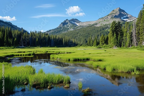 meadow on a mountain lake during summer
