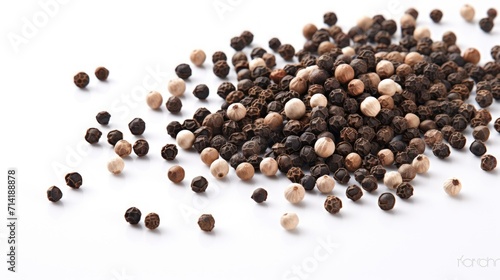 Closeup of Organic Peppercorn: Whole and Sliced Flying on White Background AI Generated