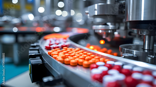 Automated Robotic vitamins, dietary supplements or medicine tablets Line. Pharmaceutical production plant indoors photo