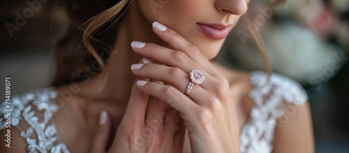 Bride showcasing engagement jewelry, celebrating commitment and marriage.