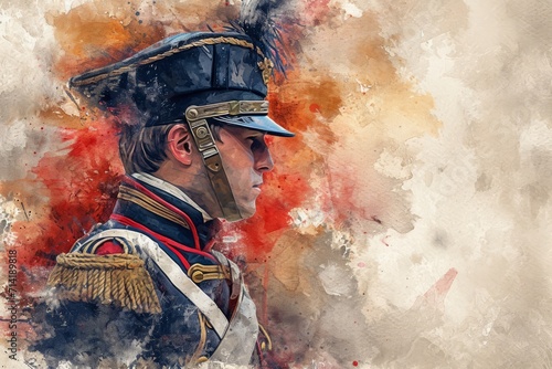French soldier portrait Illustration close up. Modern soldier of France watercolor colors Illustration photo
