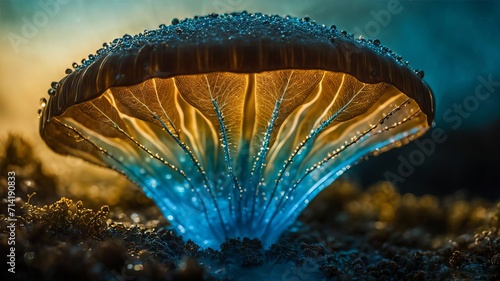 a close up of a mushroom with water droplets on it, a microscopic photo, naturalism, bioluminescence, macro photography, luminescence