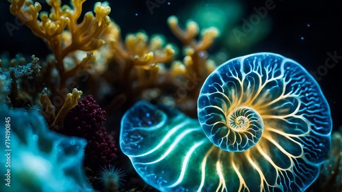 a close up of a sea anemone on a coral  a microscopic photo   naturalism  bioluminescence  luminescence  macro photography