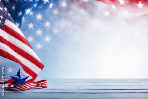 american flag on a empty wooden background with ribbons and stars 