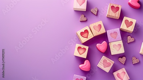 Love on wooden cube valentine background, ai generative