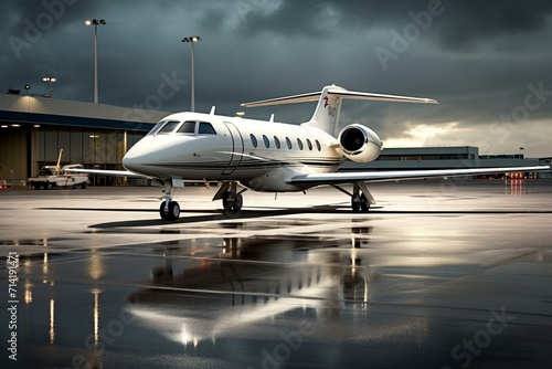 Contemporary private aircraft with a lowered entry access displayed on the airport tarmac. Generative AI