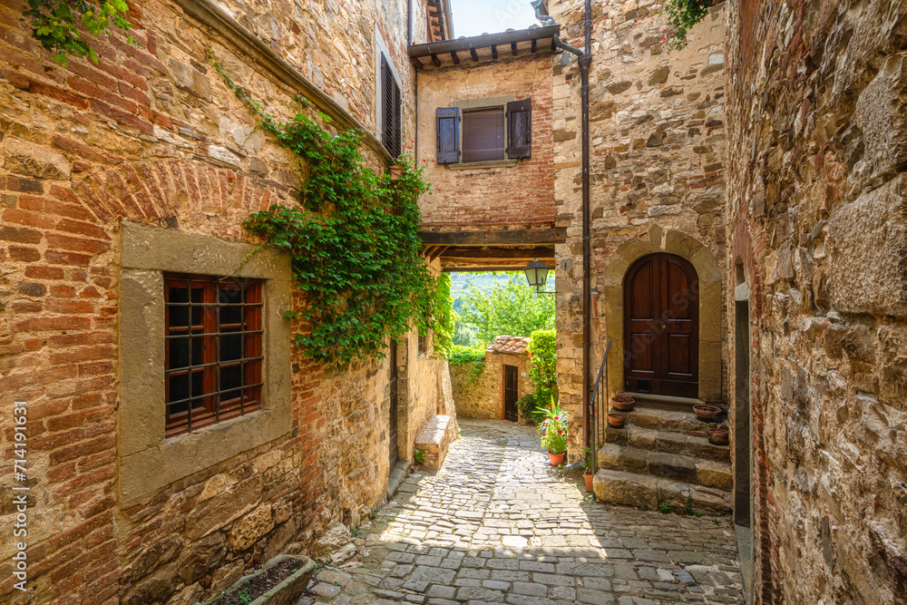 The picturesque village of Montefioralle, near Greve in Chianti, on a sunny summer day. Province of Florence, Tuscany, Italy.