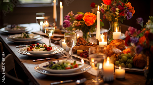 Festive Fine Dining: Intimate Celebratory Dinner Table Setting with Floral Centerpiece and Gourmet Food