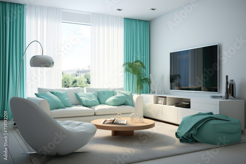 Modern bauhaus minimal living room interior design aqua colors