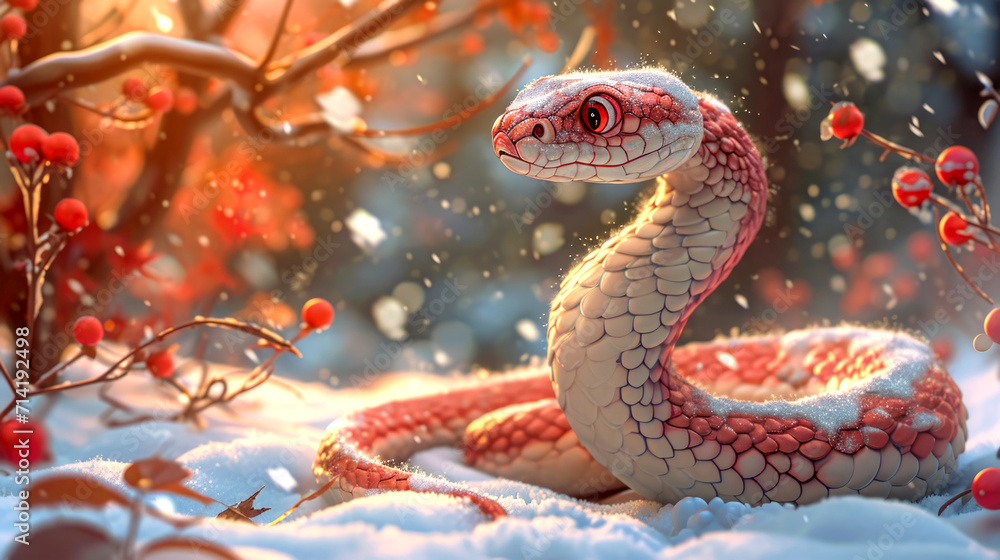 Happy Chinese New Year 2025, snake on the background of Christmas snow, zodiac sign according to the Chinese horoscope Happy Chinese New Year 2025, snake on the background of Christmas snow, zodiac sign according to the Chinese horoscope