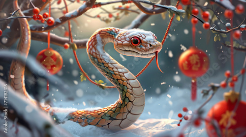 Foto Happy Chinese New Year 2025, snake on the background of Christmas snow, zodiac s