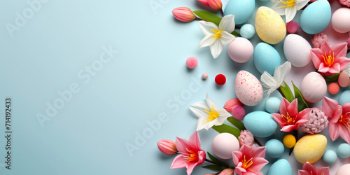 Easter poster and banner template with beautiful Easter multi-colored eggs and flowers.Promotion and shopping template for Easter. Beautiful easter promotion banner.Top view  flat lay.Space for text