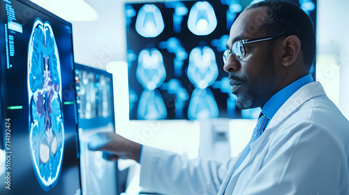 Black man Neurologist Looks at Screen with MRI Scan and diagnose. photo