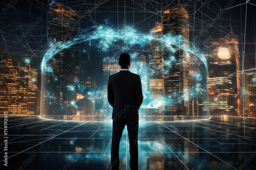 Global Businessman Innovating Future Technology: Metaverse, AI, Big Data Transformation Global Businessman Innovating Future Technology: Metaverse, AI, Big Data Transformation