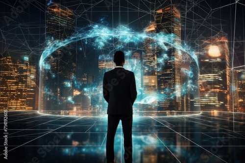Global Businessman Innovating Future Technology: Metaverse, AI, Big Data Transformation