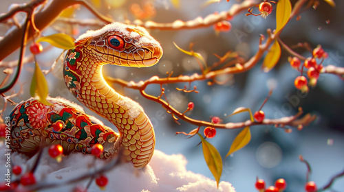 Happy Chinese New Year 2025, snake on the background of Christmas snow, zodiac sign according to the Chinese horoscope photo