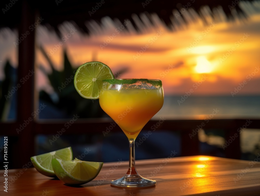 Colorful margarita cocktail being garnished with lime wedges in a beachfront bar setting during a sunset