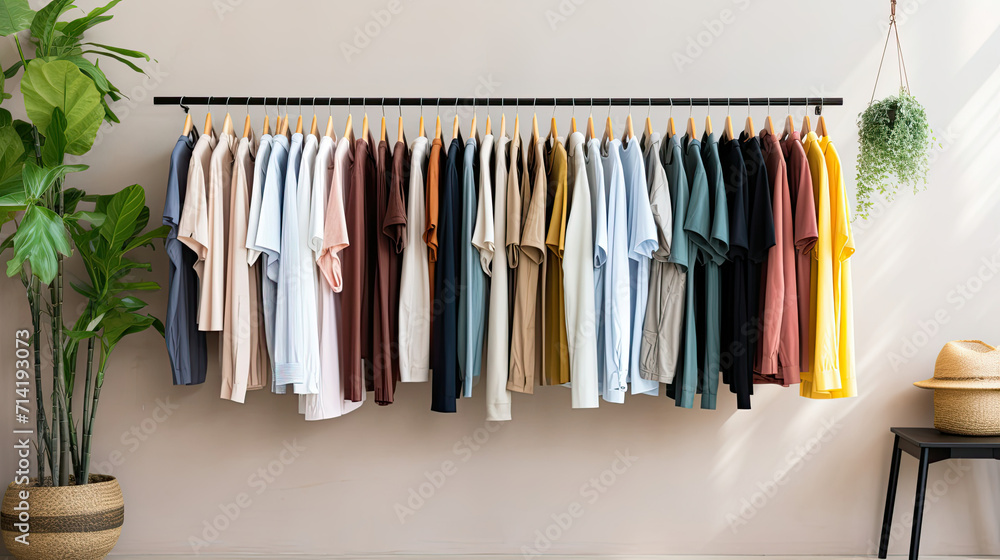 Clothes Hanging on Wall Next to Potted Plant