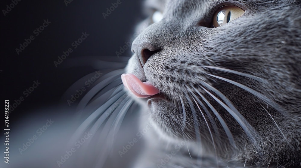 Close-up of a curious grey cat with a focus on its whiskers and pink tongue, detailed texture, on a dark background Close-up of a curious grey cat with a focus on its whiskers and pink tongue, detailed texture, on a dark background