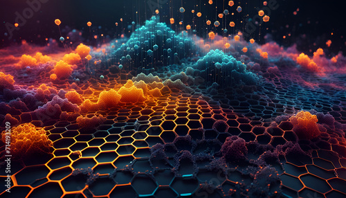 Technologie Hintergrund Vorlage mit Bienenwaben als 3D-Landschaft. Daten Wissenschaft, Teilchen, digitale Welt, virtuelle Realität, Forschung, Analyse, Bewegung natürliche Vernetzung
