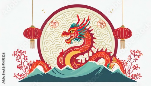 Background with symbols of dragons and lanterns