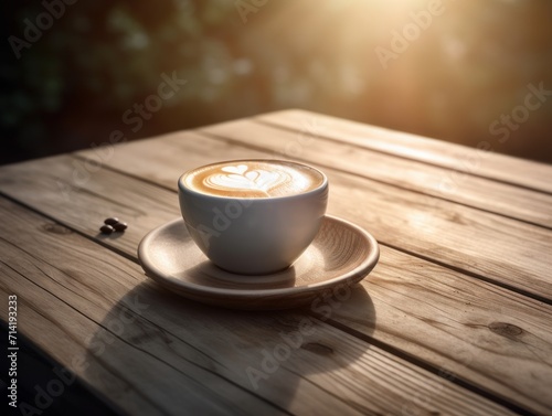 Freshly poured, frothy cappuccino in a rustic cafe setting during the early morning hours