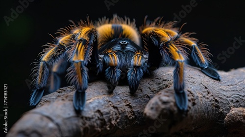 Tarantula striking elegant poses against a clean dark backdrop. AI
