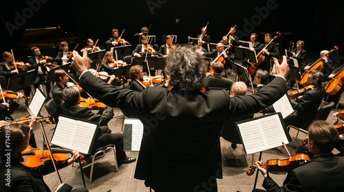 A visually rich composition showcasing a conductor in front of a large symphony orchestra, with a panoramic view of instruments, strings, and brass sections, highlighting the condu photo