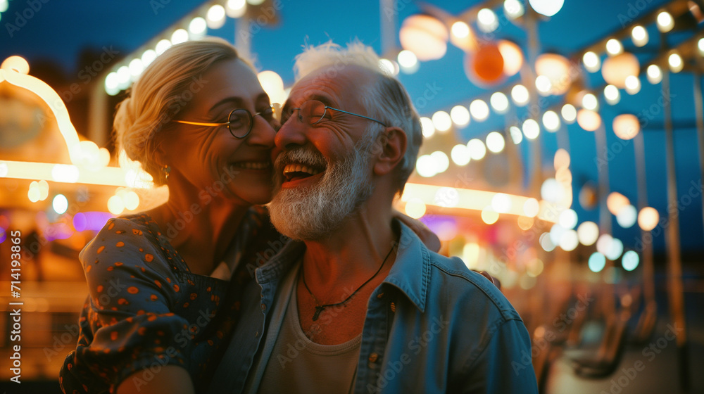 Happy mature senior couple embracing at a summer funfair arcade amusement park, ai generated - obrazy, fototapety, plakaty 
