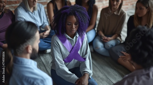 Woman with purple ribbon on the neck sitting in the circle of people, illustration importance of support
