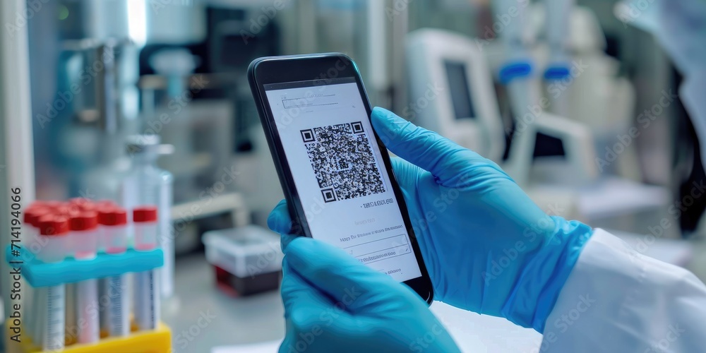 Scientists hands holding mobile phone with QR code on screen Scientists hands holding mobile phone with QR code on screen