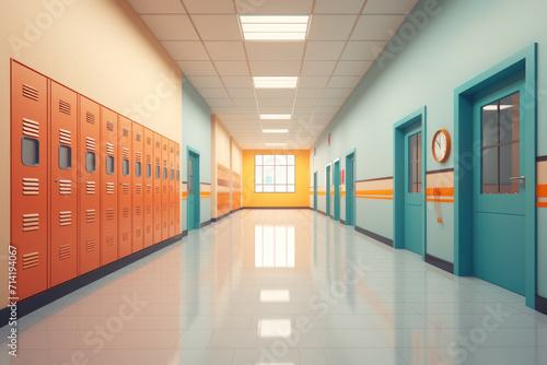 Modern school corridor 3d design in pastel colors  back to school. Generative ai