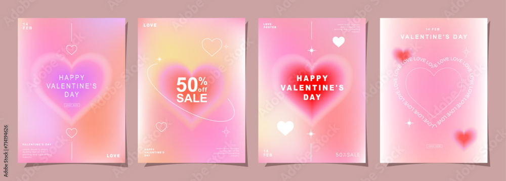 Naklejka premium Set of Modern design templates for Valentines day, Love card, banner, poster, cover, invitation. Trendy minimalist aesthetic with gradients and typography, y2k backgrounds. vector illustration.