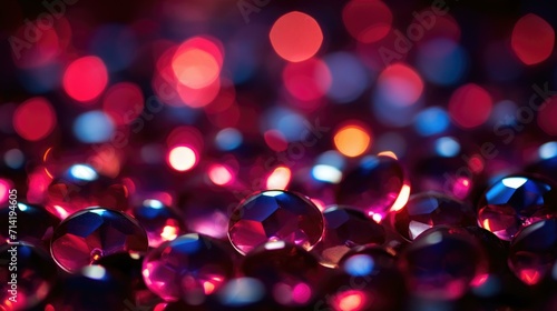 A close-up of vibrant red and blue beads. Generative AI. © serg3d