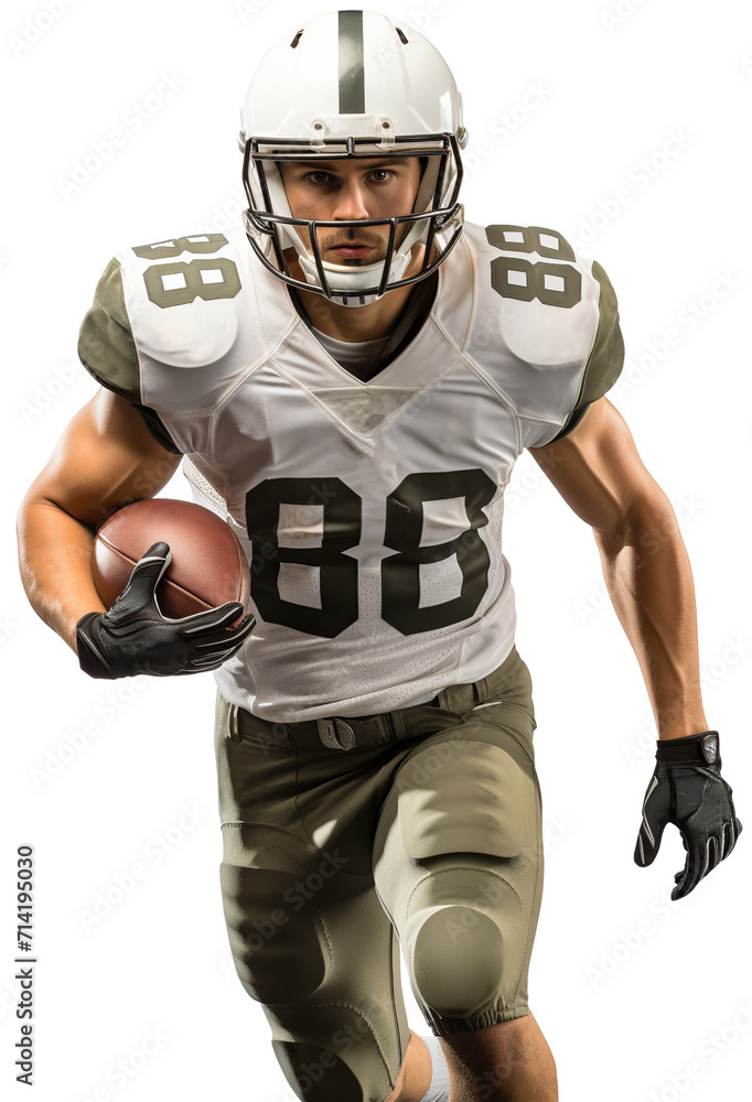 An American football player walks with a ball in his right hand. White and brown uniform. Isolated on a transparent background