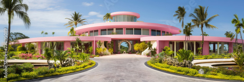 Large Pink Building Surrounded by Palm Trees