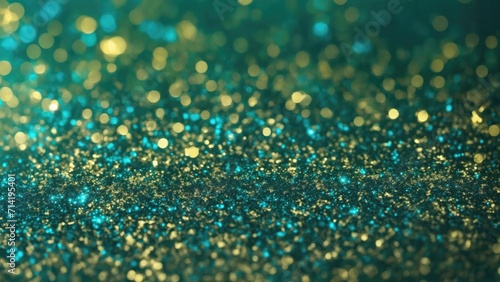 Abstract Green, Blue and Golden glitter lights Gold glitter dust texture dark background