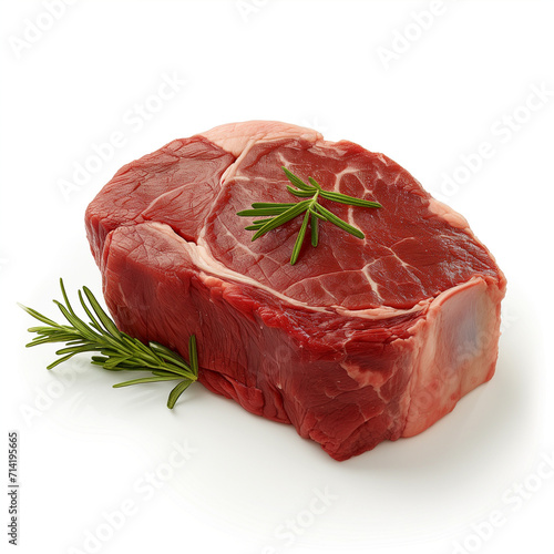 Fresh raw beef steak with rosemary on a white background, ideal for a delicious and nutritious dinner or barbecue photo