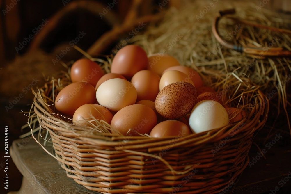 A basketful of freshly picked chicken eggs. Generative AI A basketful of freshly picked chicken eggs. Generative AI