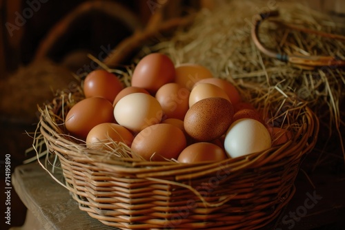 A basketful of freshly picked chicken eggs. Generative AI